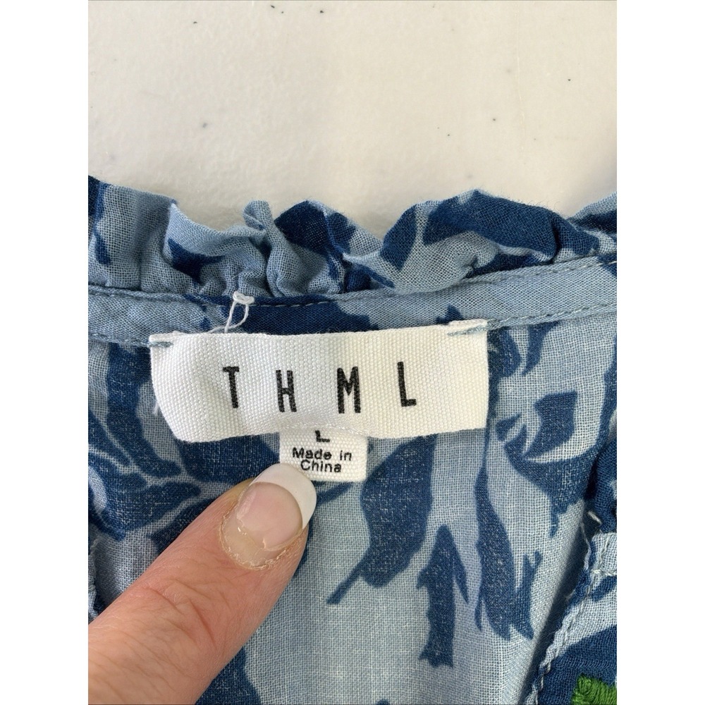 THML Embroidered V Neck Puff Sleeve Blouse Blue Floral Boho Lagenlook Size L - Picture 5 of 8